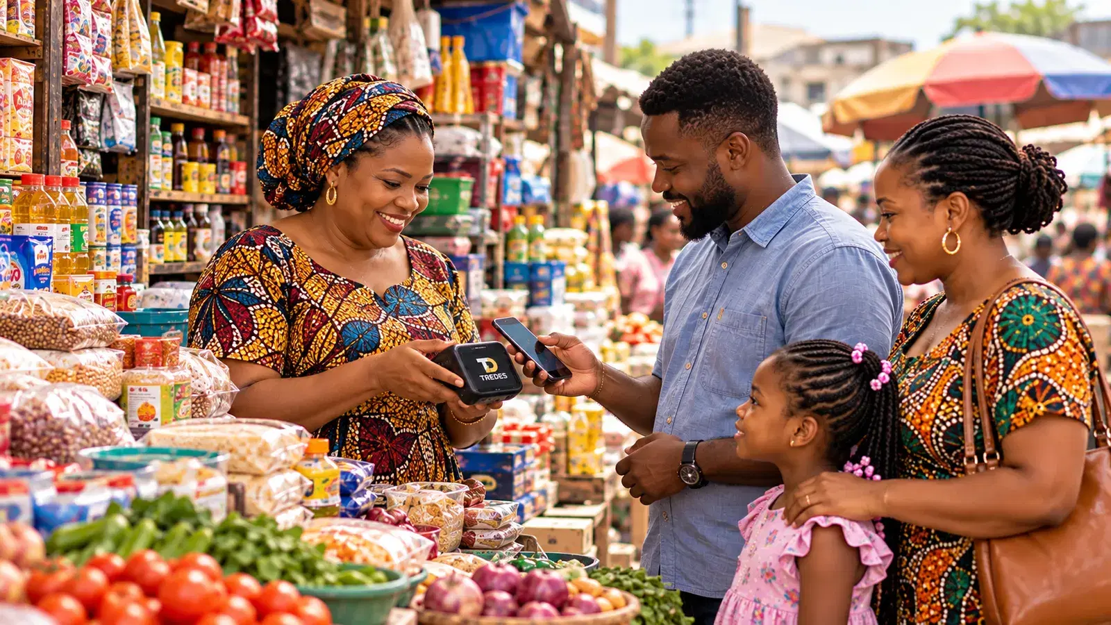 Shopkeeper accepting a customer's phone payment on a TREDES POS at a market stall