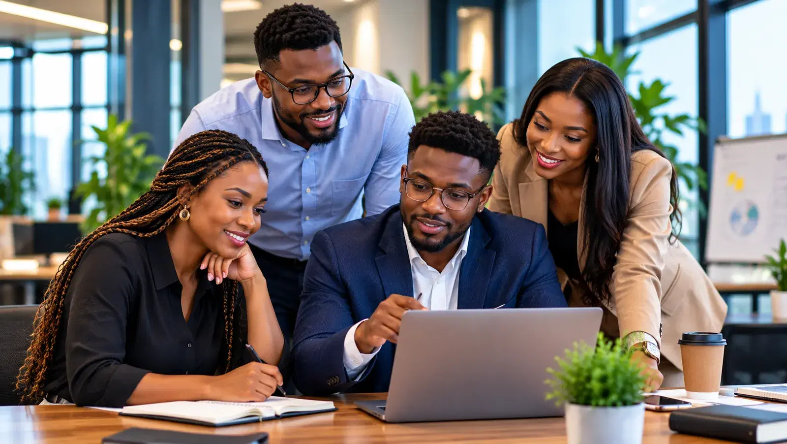 Black colleagues smiling and collaborating around a laptop in the office