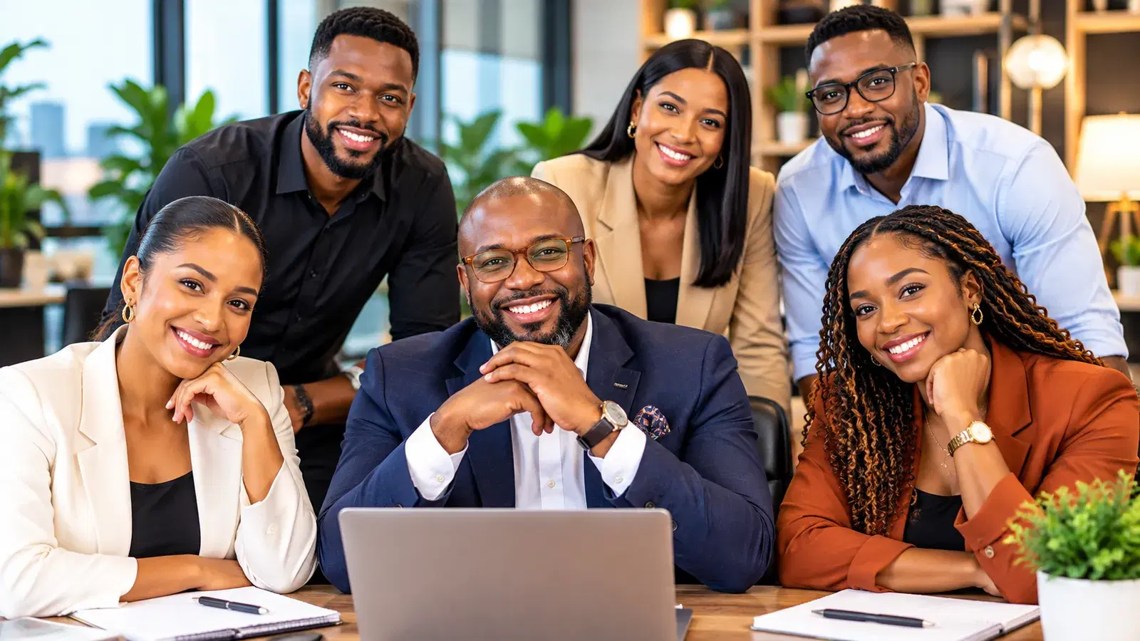 A confident business team smiling together around a laptop in a modern office
